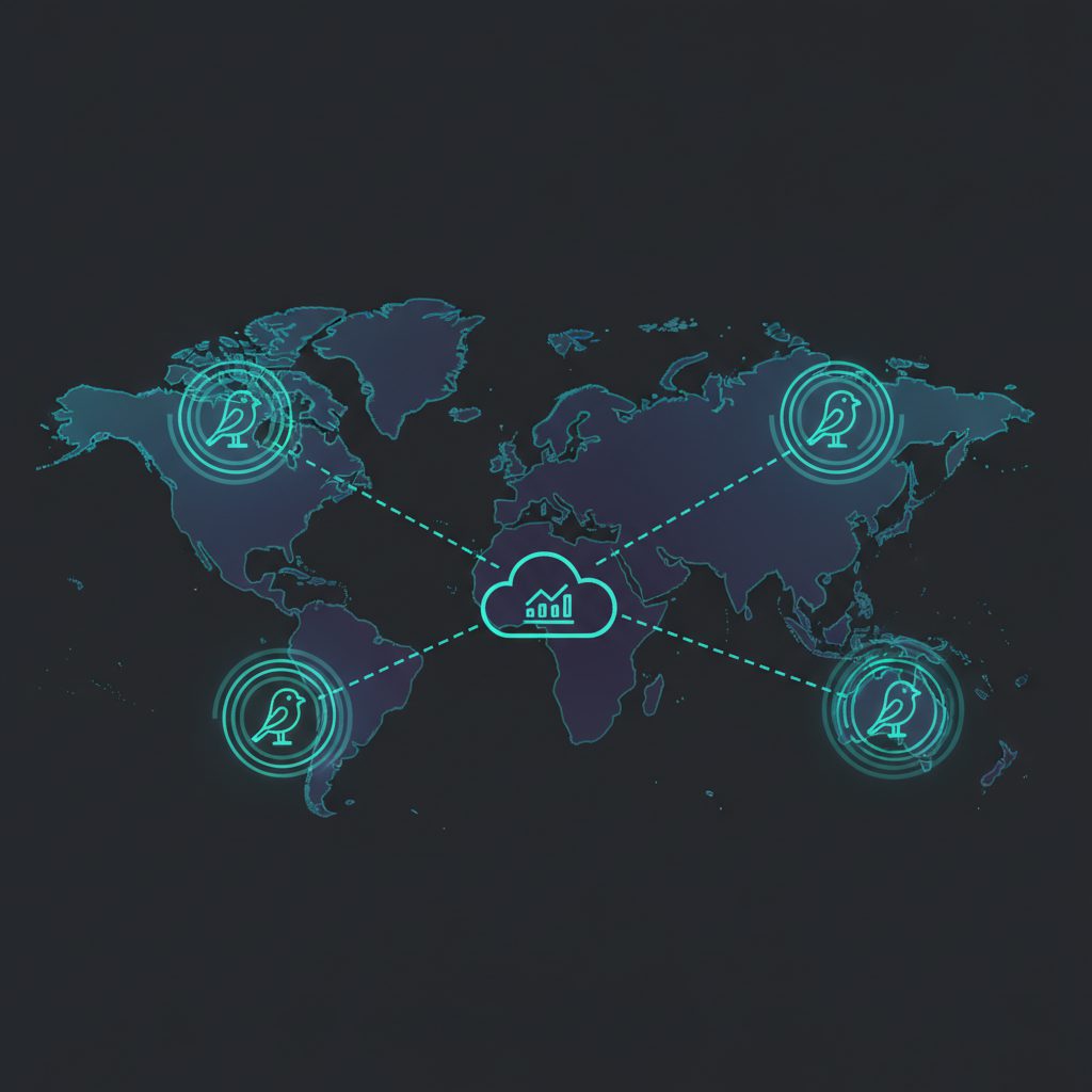 World map with three monitoring nodes highlighted: Tokyo (Japan), Virginia (USA), Frankfurt (Europe)