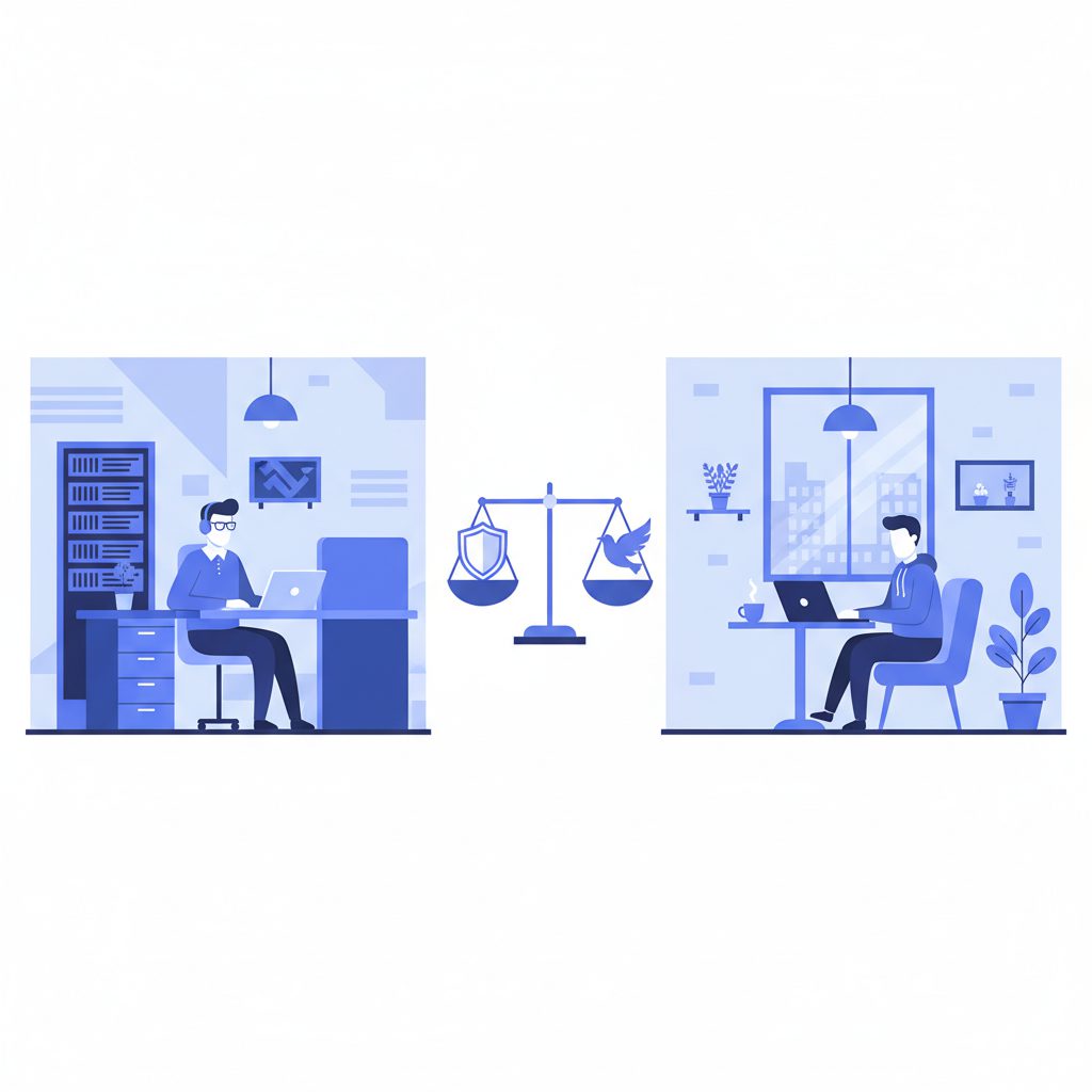 正社員SREとフリーランスSREの比較図。左に会社オフィスで働くエンジニア（正社員）、右にカフェや自宅で働くエンジニア（フリーランス）。中央に天秤のアイコン。安定性vs自由度のトレードオフを表現。フラ