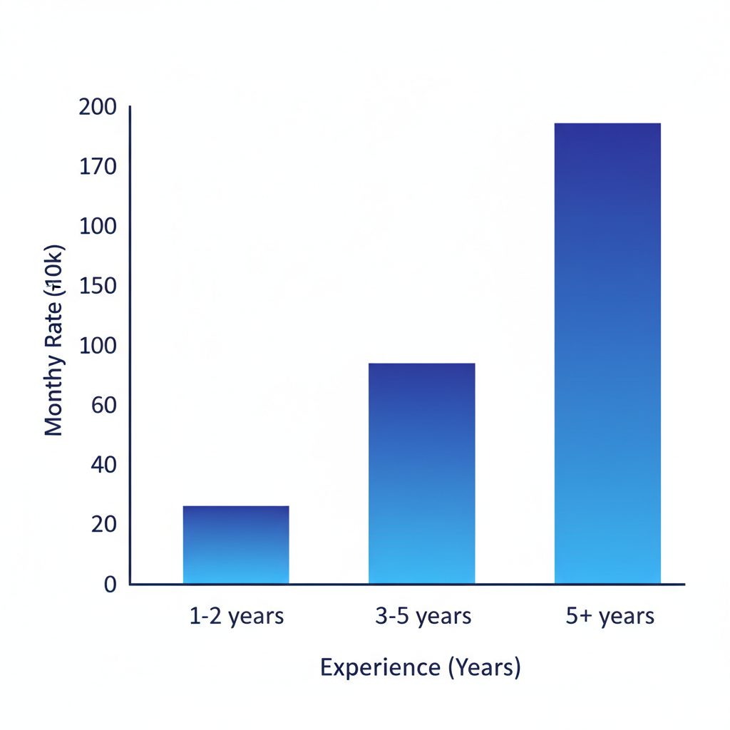 フリーランスSREの単価帯グラフ。横軸に経験年数（1〜2年/3〜5年/5年以上）、縦軸に月単価（万円）。棒グラフで相場帯を表示。背景はホワイト、グラフはブルー系グラデーション。