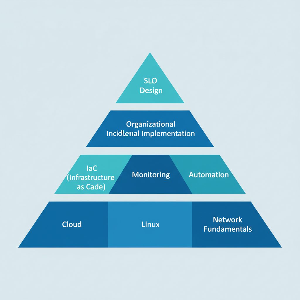 フリーランスSREになるためのスキルピラミッド図。底辺にクラウド・Linux・ネットワーク基礎、中段にIaC・監視・自動化、頂点にSLO設計・インシデント対応・組織導入。フラットデザイン、ブルー系配色