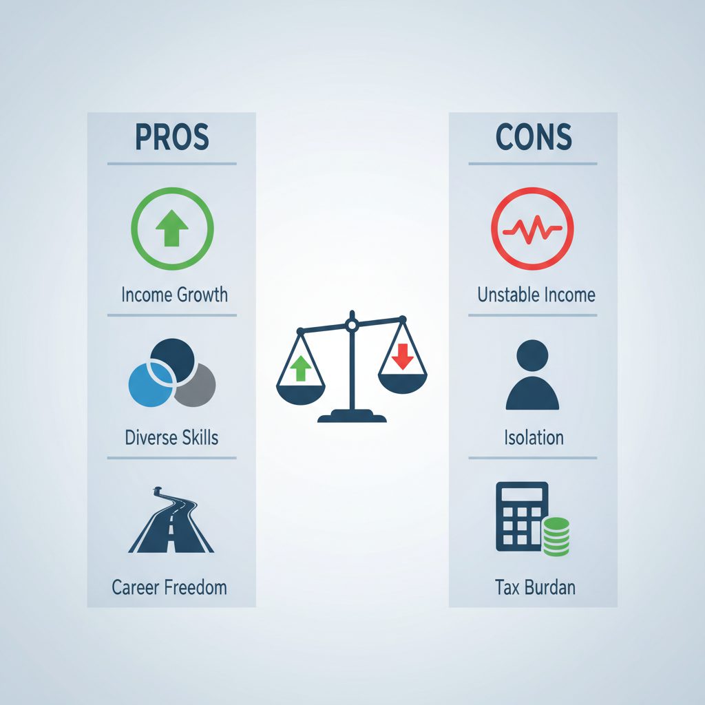 Two-column comparison infographic. Left column: green upward arrow icon (income), overlapping circle