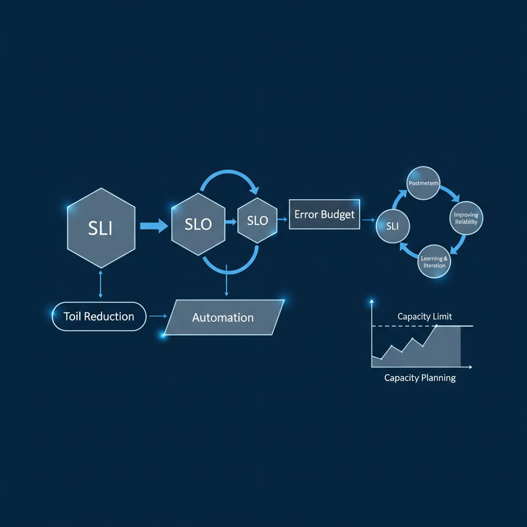 Interconnected concept map showing SLI→SLO→Error Budget chain, Toil reduction leading to automation,