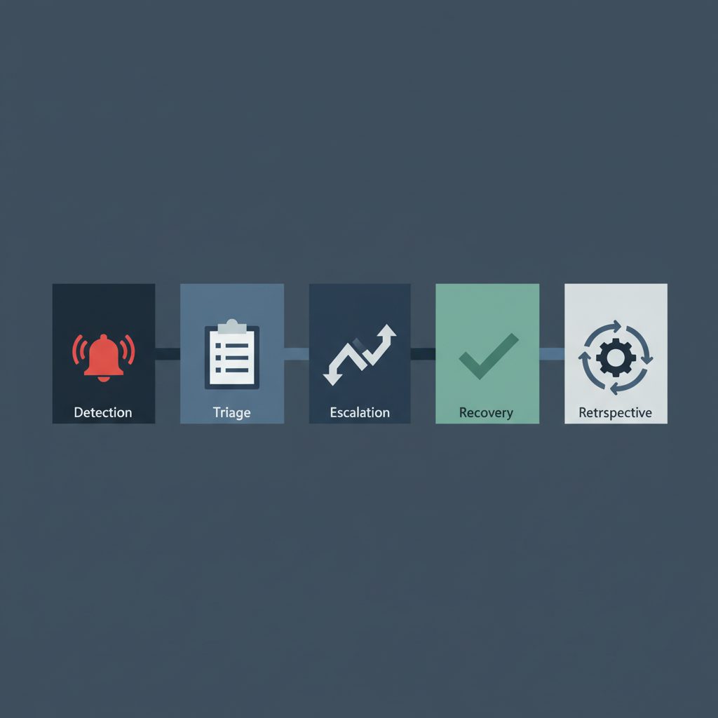 Incident response timeline diagram with 5 phases, detection alarm icon, triage checklist, escalation