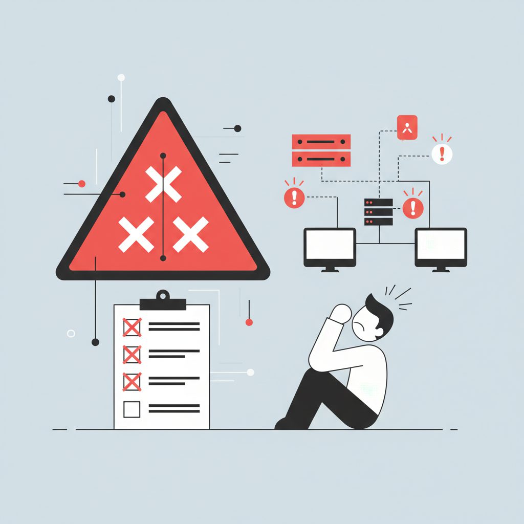 Warning signs showing common incident response mistakes, checklist with red X marks, engineer lookin