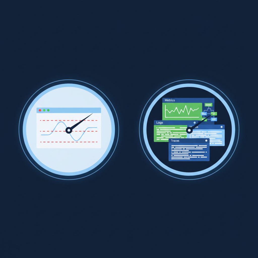 Observability vs monitoring comparison diagram, two circular gauges side by side, left side shows si