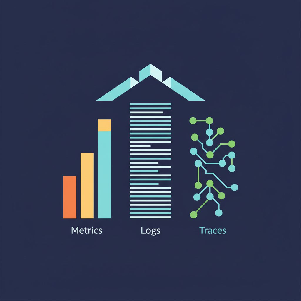 Three pillars architecture diagram showing Metrics as bar chart column, Logs as scrolling text colum