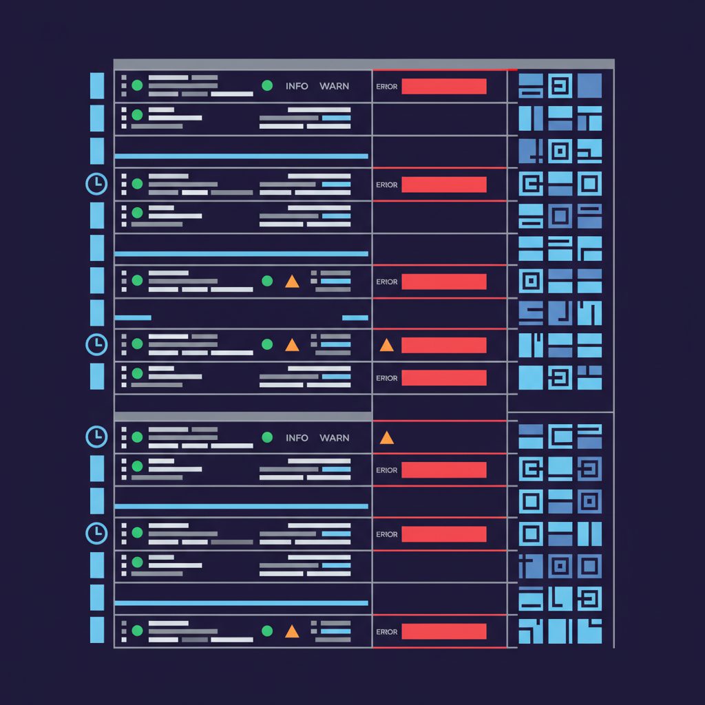 Log stream visualization showing structured JSON log entries flowing downward with highlighted error