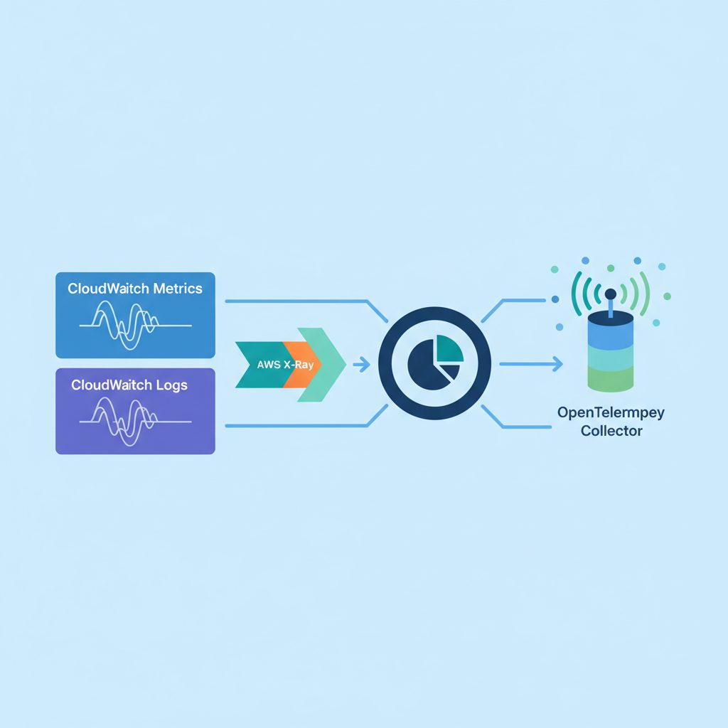 AWS observability stack architecture showing CloudWatch Metrics and Logs on left side, AWS X-Ray in 