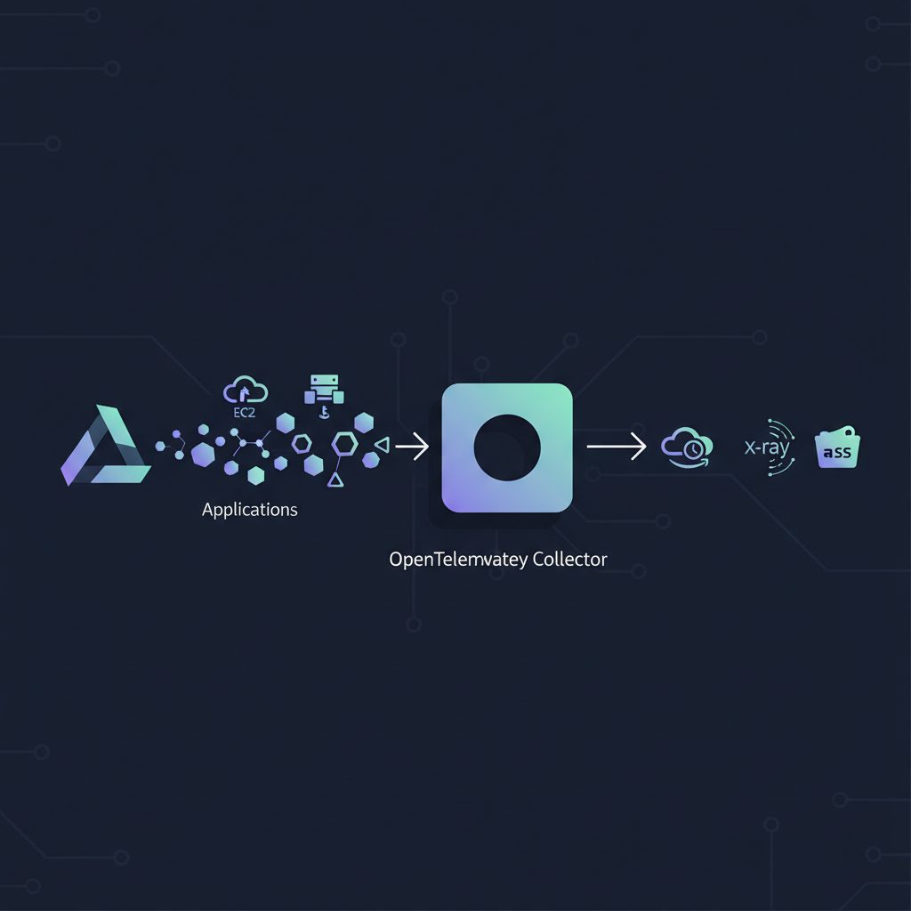 OpenTelemetry logo with AWS cloud icons, observability pipeline diagram, data flowing from applicati