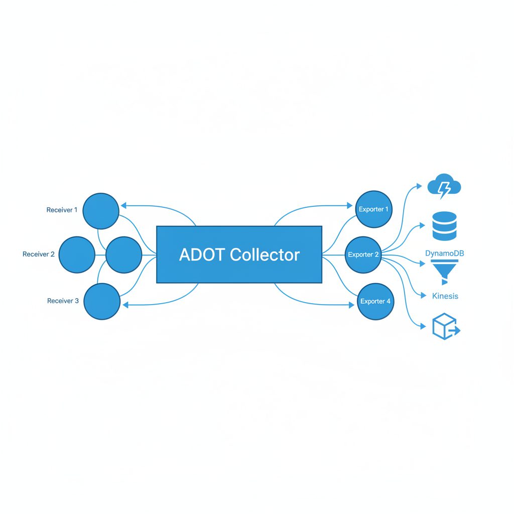 ADOT collector architecture with multiple receivers and exporters, showing AWS cloud services as exp