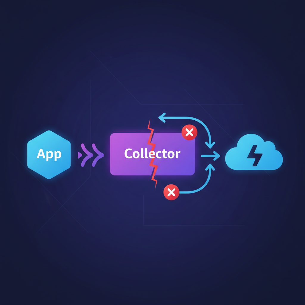 troubleshooting diagram for OpenTelemetry connection issues, network flow from app to collector to C