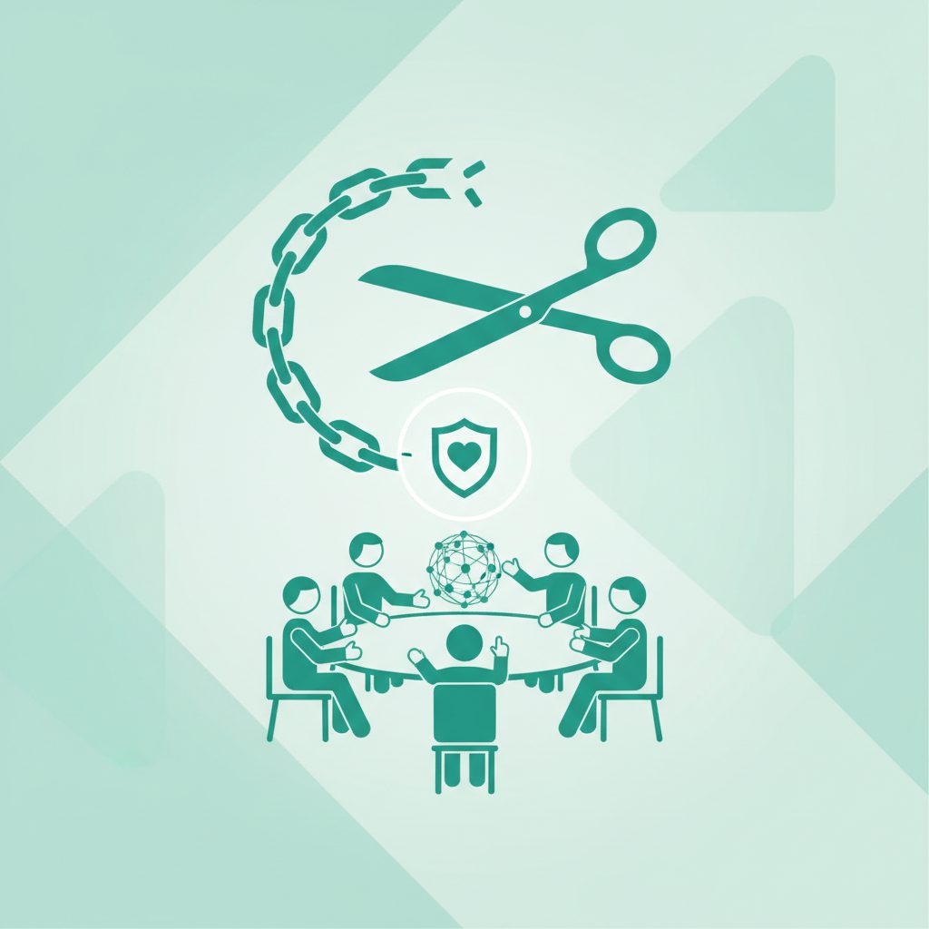 Blameless culture concept, blame cycle broken with scissors, team discussion with psychological safe