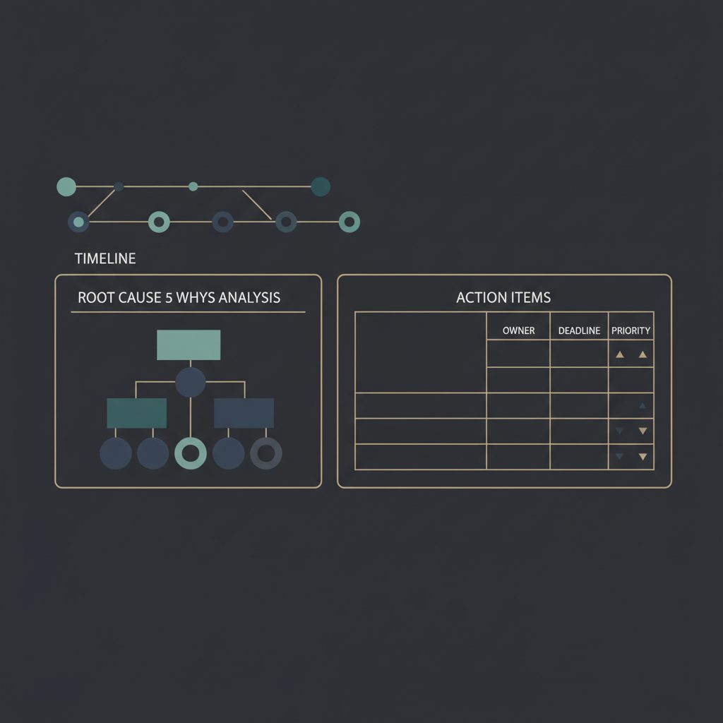 Postmortem template form layout with sections for timeline, root cause 5 Whys analysis tree diagram,