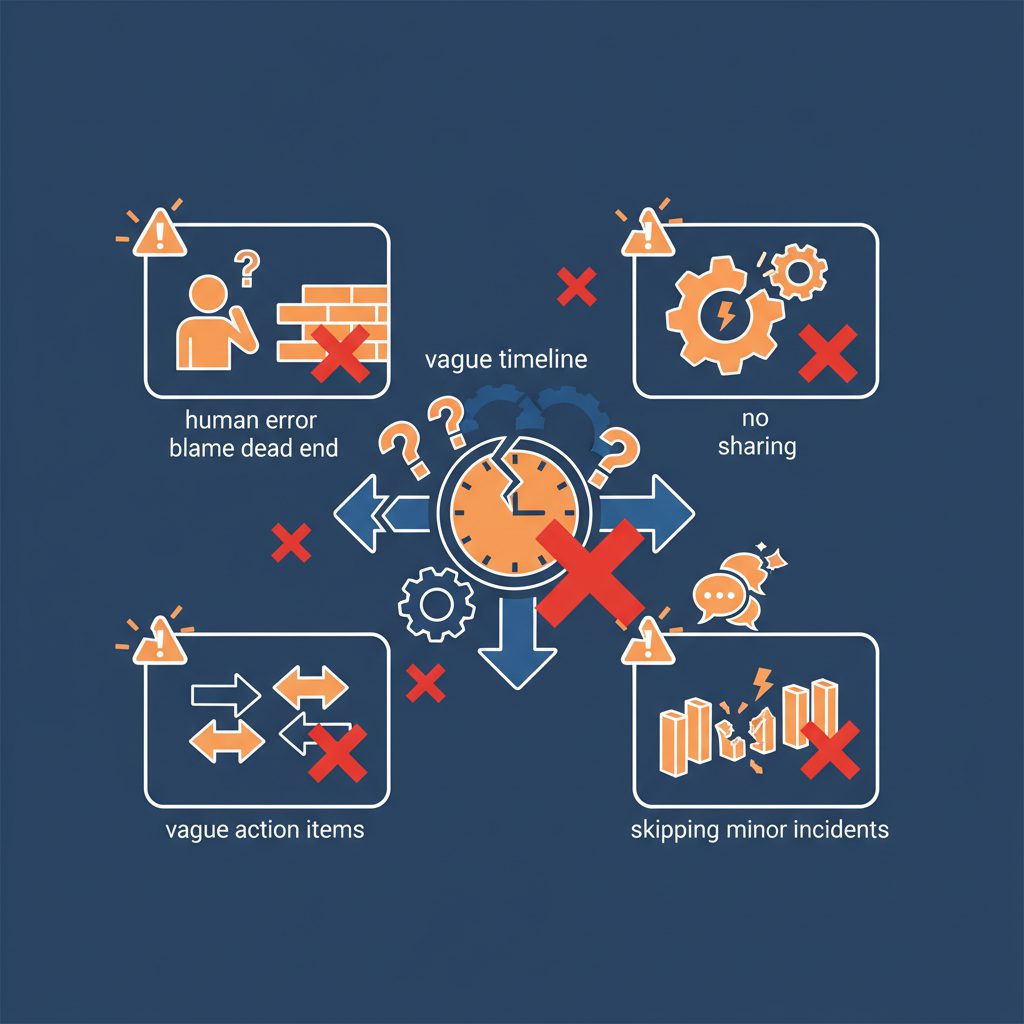 Common postmortem failure patterns, five warning signs with red X marks, vague timeline, human error