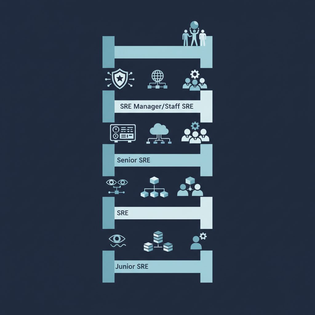 A vertical career ladder with four rungs labeled Junior SRE, SRE, Senior SRE, and SRE Manager/Staff 