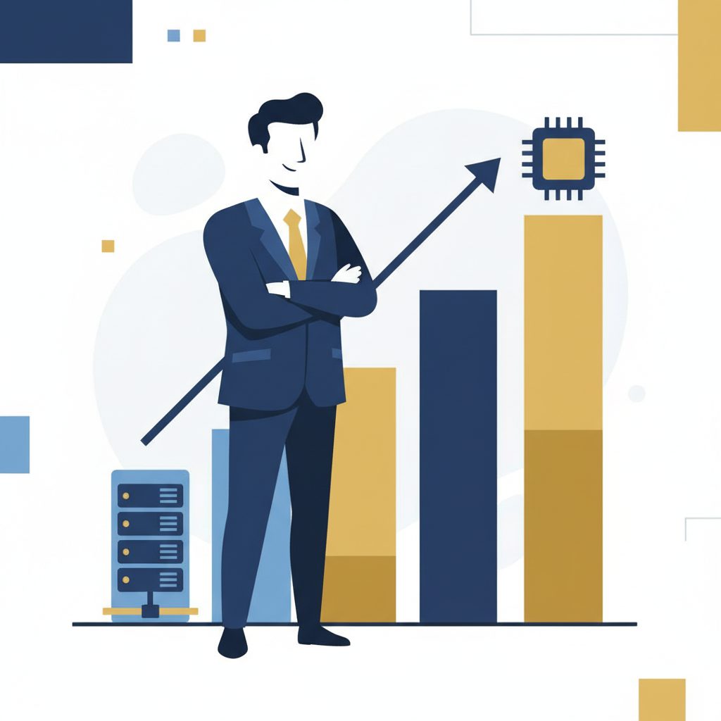 SRE engineer confidently standing in front of a salary growth graph, upward trending bar chart compa