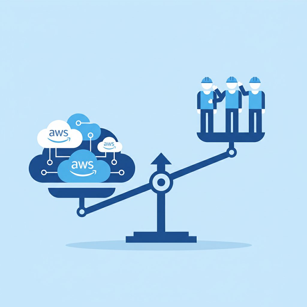 Supply and demand balance scale with cloud infrastructure and AWS icons on one side, a small group o