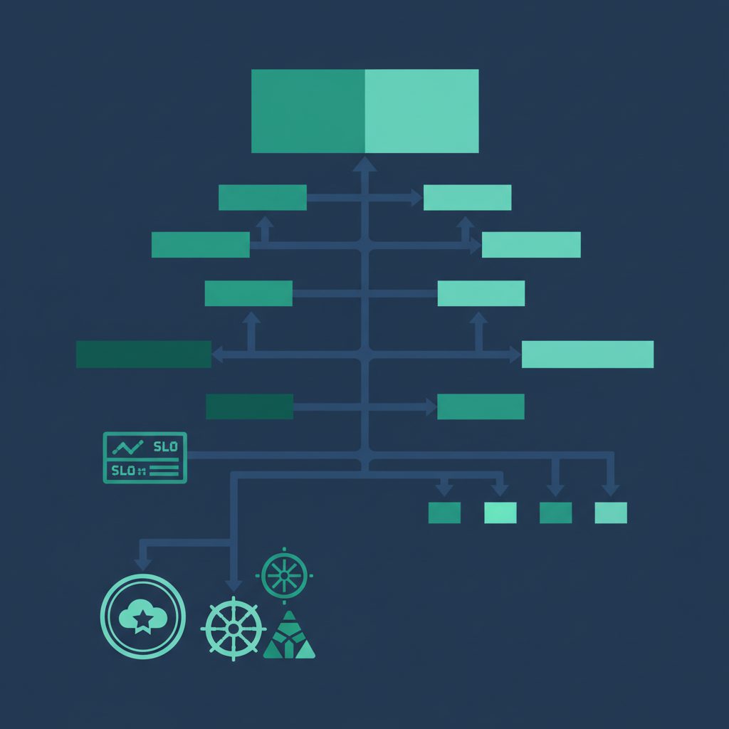 SRE engineer skill tree diagram showing AWS certification badge, Kubernetes wheel icon, Terraform lo