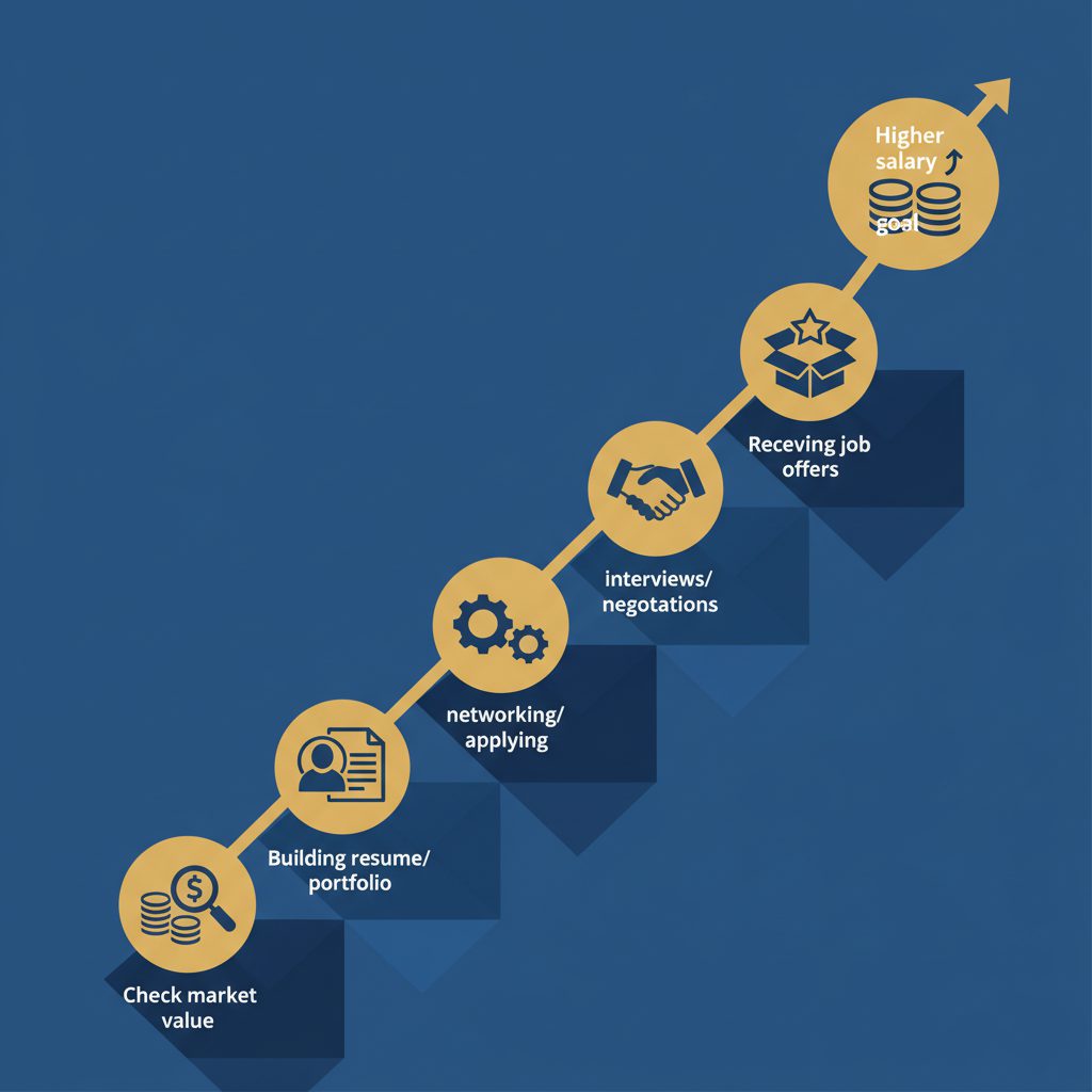 Career roadmap with 5 milestone steps on an upward path, from checking market value to receiving job