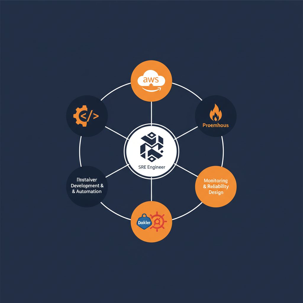 SREエンジニアを中心に4つのスキル領域（インフラ・クラウド、監視・信頼性設計、コンテナ・オーケストレーション、開発・自動化）のアイコンが円形に配置された全体像図。AWSロゴ・Kubernetesロゴ