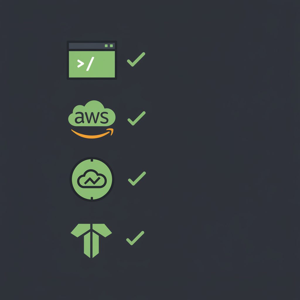 Linuxターミナル画面・AWSロゴ・CloudWatchのグラフアイコン・TerraformロゴをチェックリストのようにLeft側に縦並びで配置した必須スキル一覧図。各アイコン横に小さな緑チェックマ