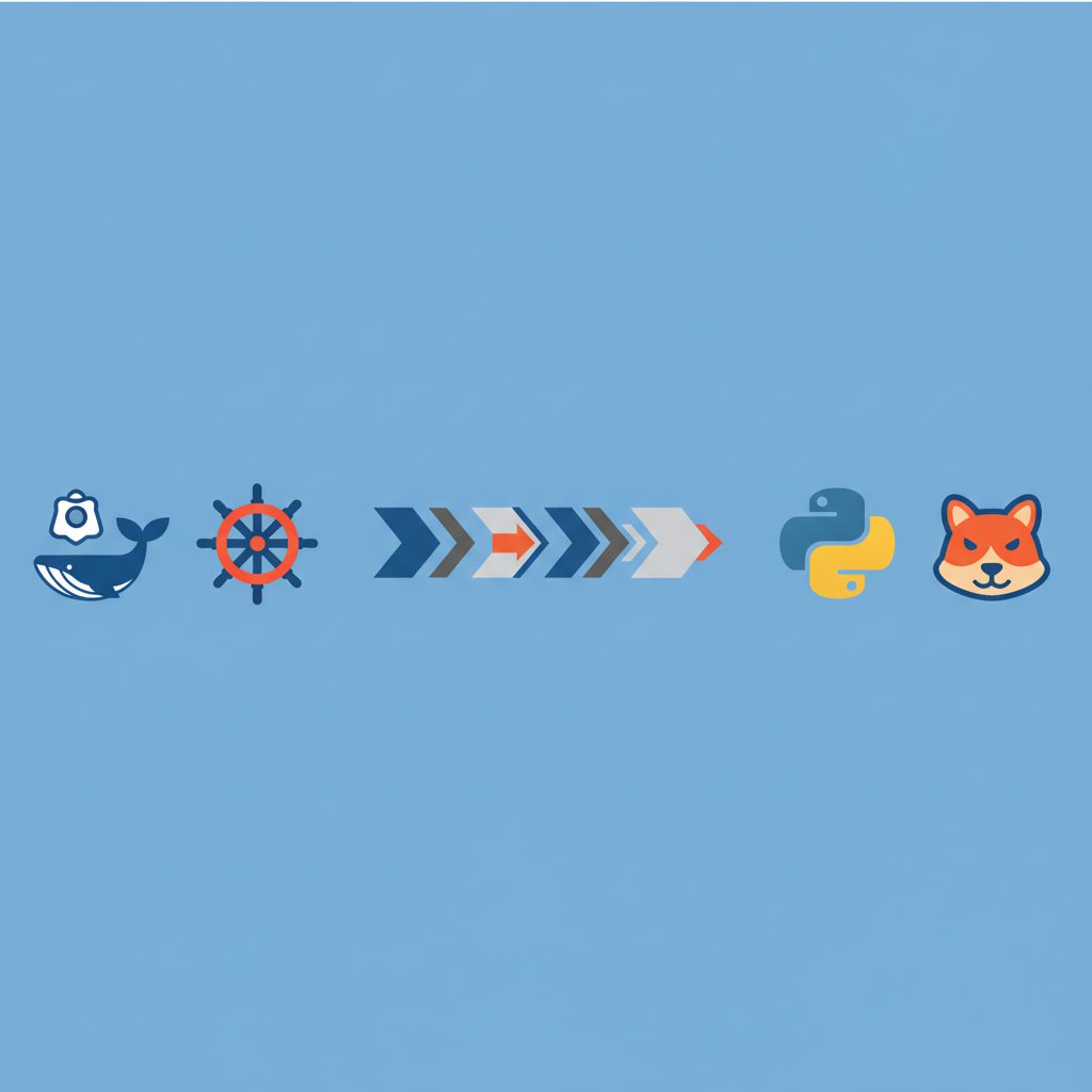 DockerクジラアイコンとKubernetesロゴが左側に、GitHub ActionsのCI/CDパイプライン矢印が中央を横断、PythonロゴとGolangロゴが右側に配置された横並び構成図。フ