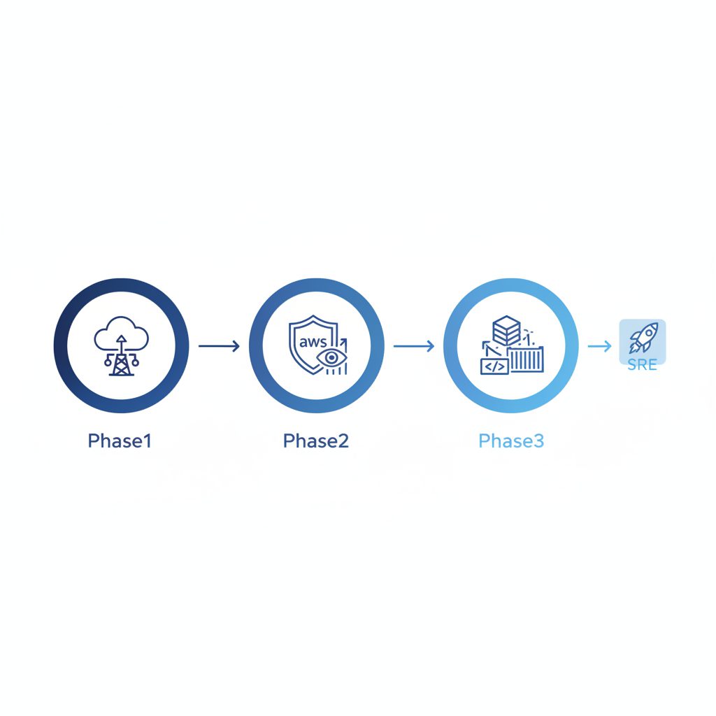 左から右への3段階学習ロードマップ図。丸いノード「Phase1・インフラ基礎」→「Phase2・AWS実践+監視」→「Phase3・IaC+コンテナ」→「SRE転職」が矢印でつながる。各ノードに関連ア