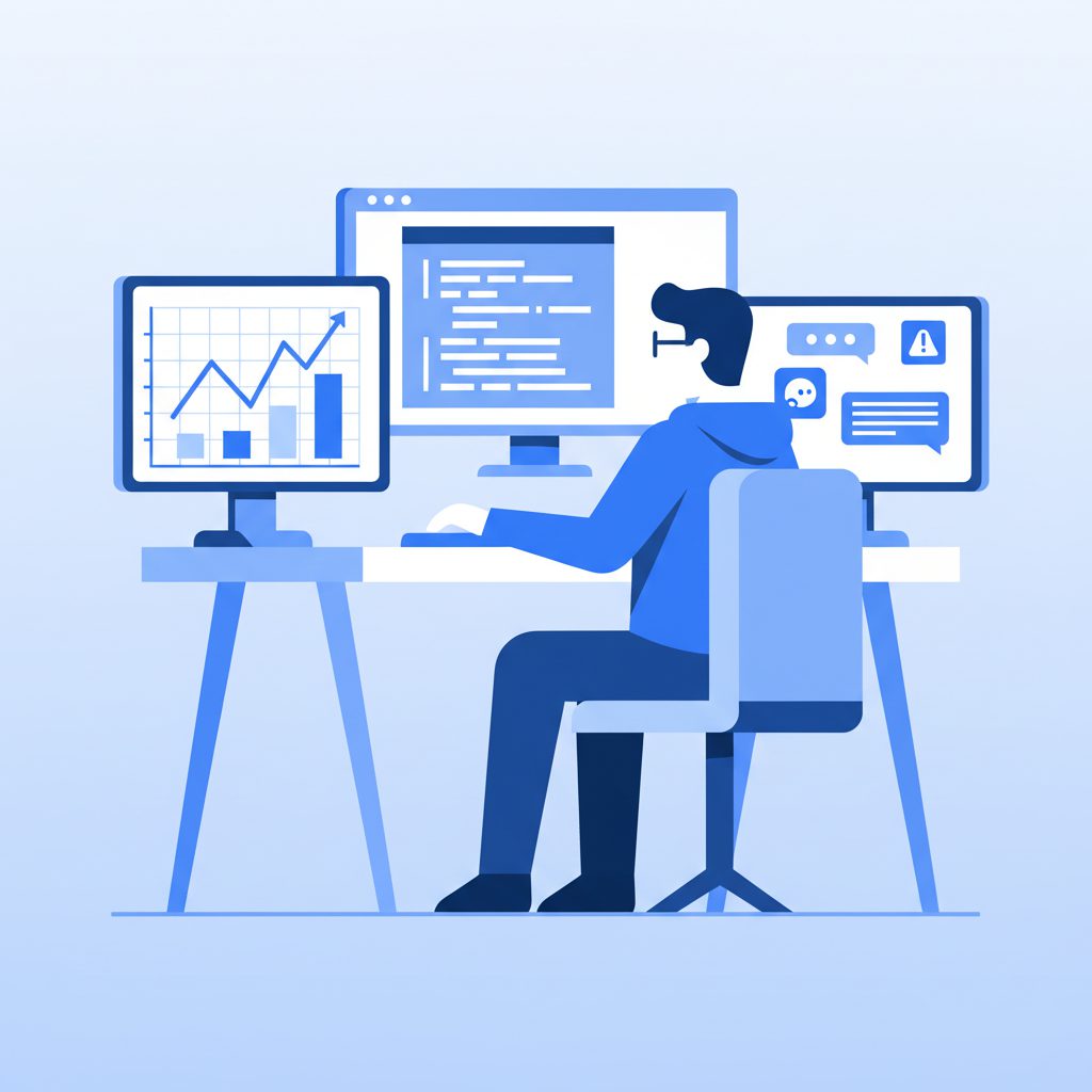 SREエンジニアが複数のモニタリングダッシュボードを見ながらコードを書いているイメージ。CloudWatchのグラフやSlackアラートが画面に映る。フラットデザイン、ブルー系配色。