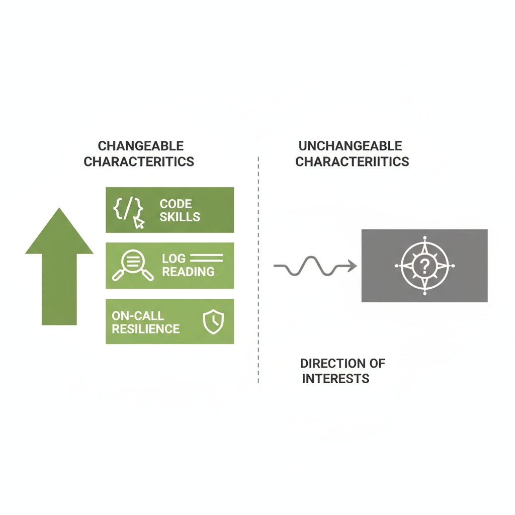 「変えられる特徴」と「変わりにくい特徴」を2列に分けた比較図。変えられる側(緑・上昇矢印)にコードスキル・ログ読み・オンコール耐性、変わりにくい側(グレー)に関心の方向性。フラットデザイン。