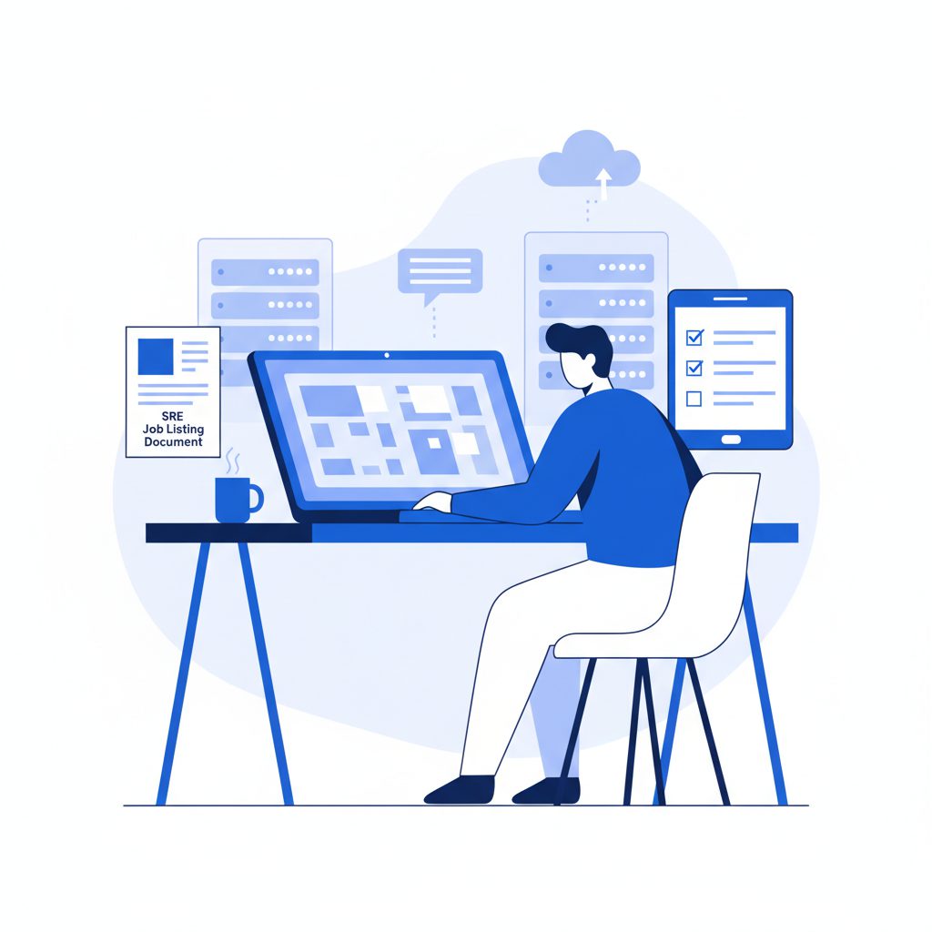 SRE job listing document analysis, engineer at desk reviewing job requirements checklist, flat desig