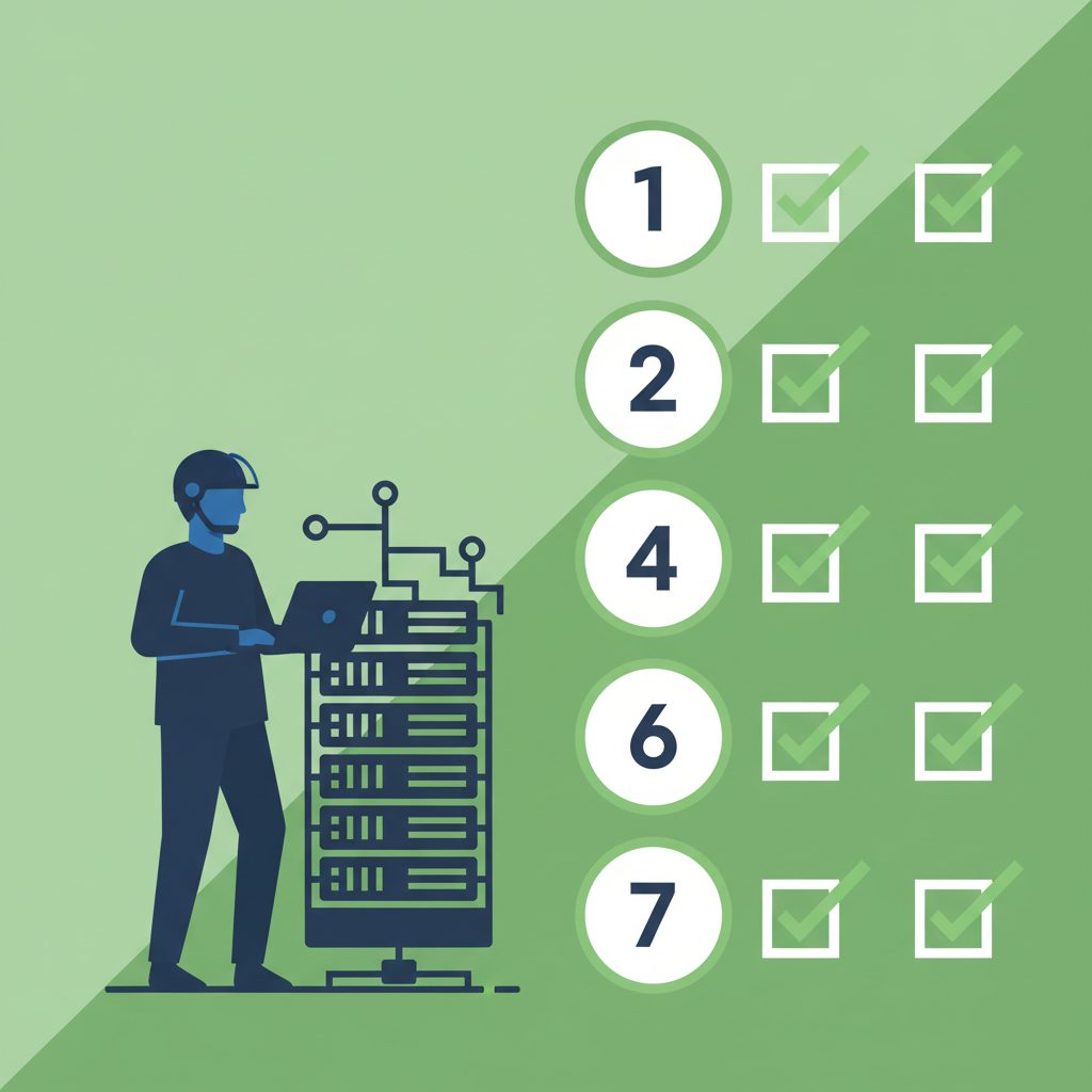 7-point checklist for SRE job listing evaluation, numbered icons 1 through 7 with checkboxes, flat d