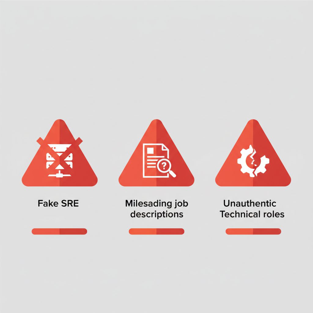 Warning danger signals in job listings, three red alert icons representing fake SRE roles, warning t