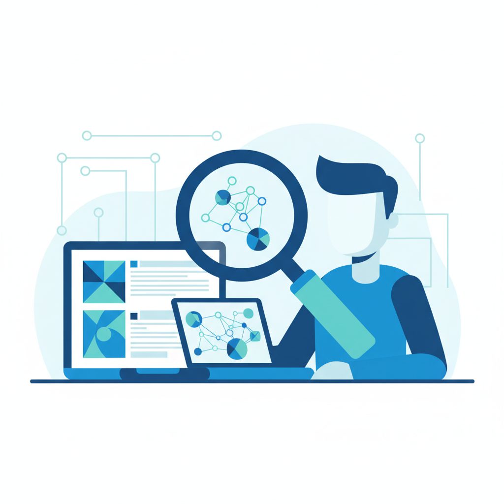 Engineer conducting research before job interview, laptop showing tech blog and review websites, mag