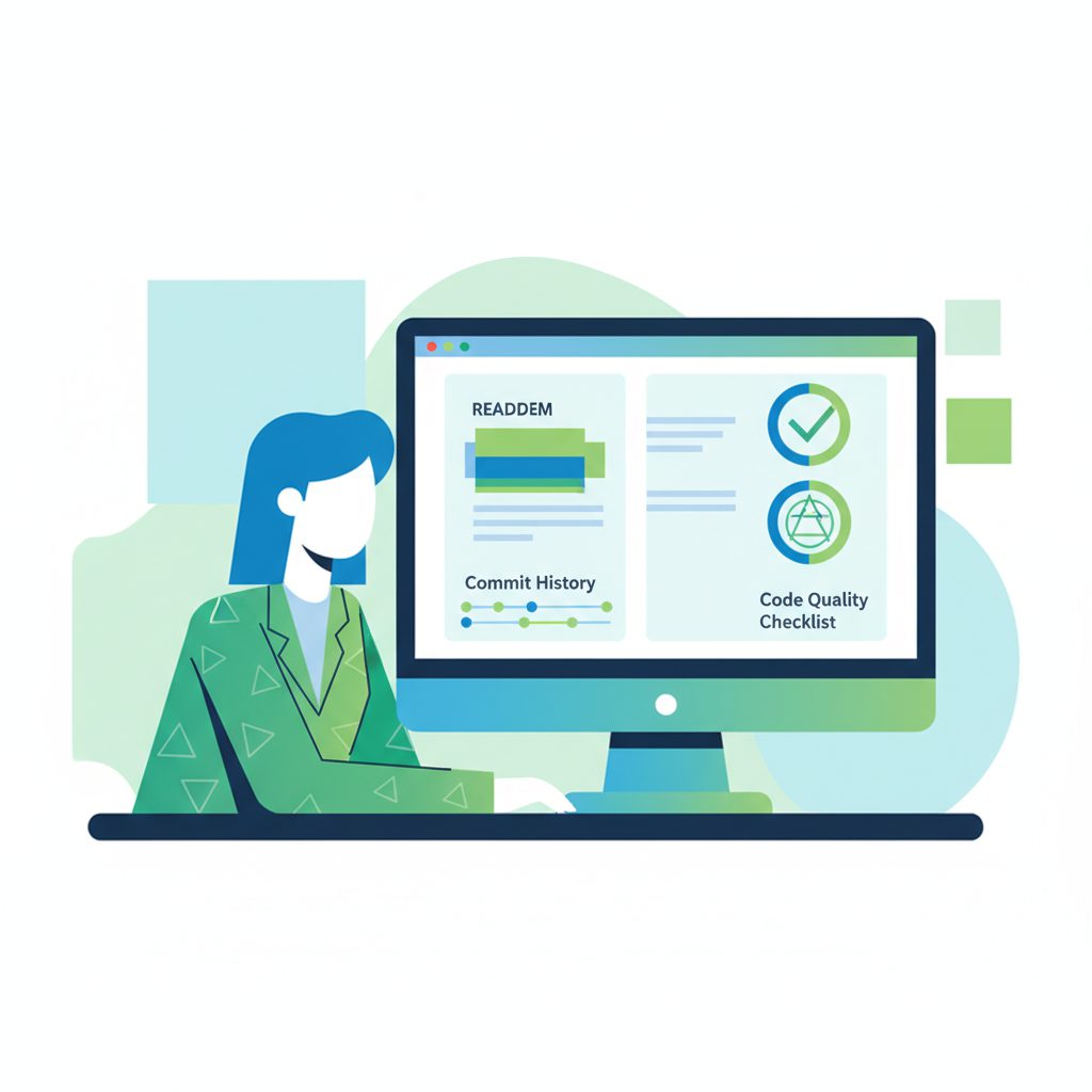 recruiter reviewing GitHub profile on computer screen, showing README document, commit history timel