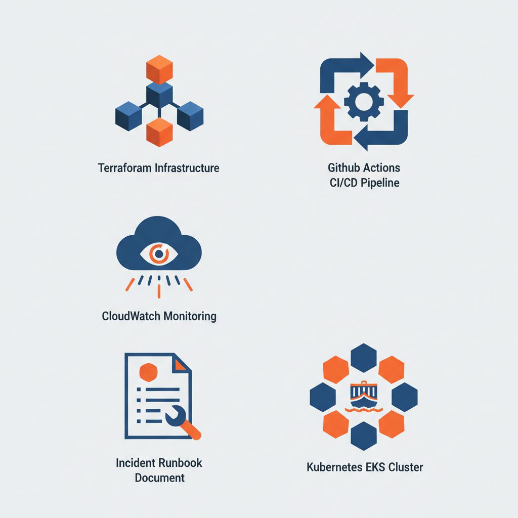 five portfolio themes for SRE career, icons for Terraform infrastructure, CloudWatch monitoring, Git