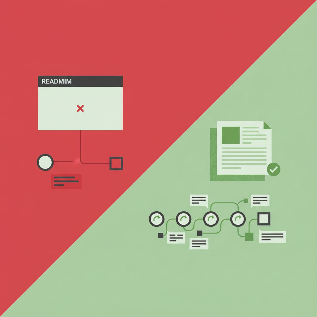 comparison of bad vs good GitHub portfolio practices, left side showing empty README and single comm