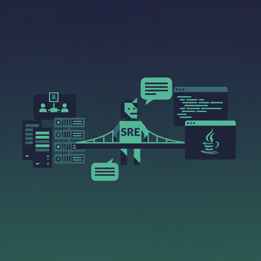 インフラエンジニアとアプリエンジニアが向き合って対話しているシーン。左側はサーバーラック・ネットワーク機器のアイコン、右側はコードエディタ・Javaロゴのアイコン。中央に「SRE」の文字を持つ橋渡し役
