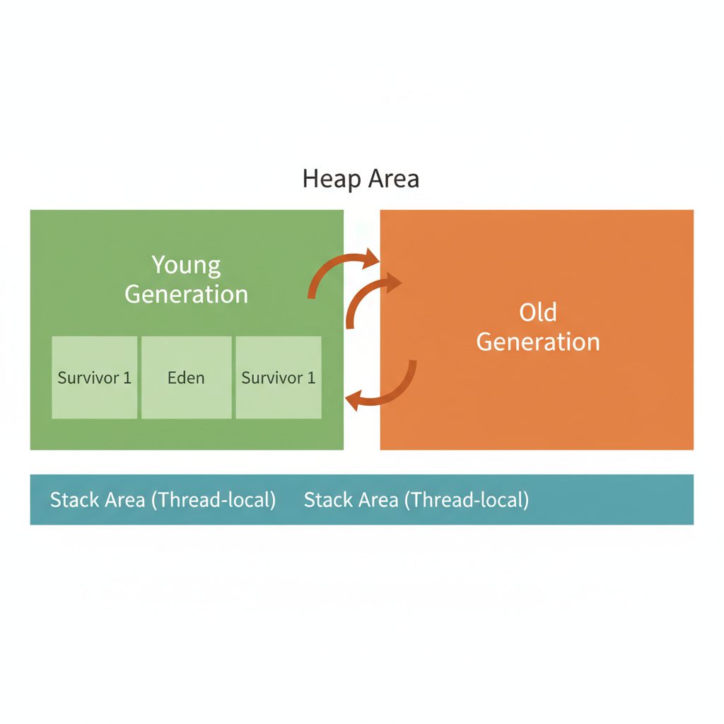 Javaのヒープ構造図。上部に「Heap Area」として「Young世代（Eden＋Survivor x2）」と「Old世代」を横に2分割した図、下部に「Stack Area（スレッドごとに独立）」