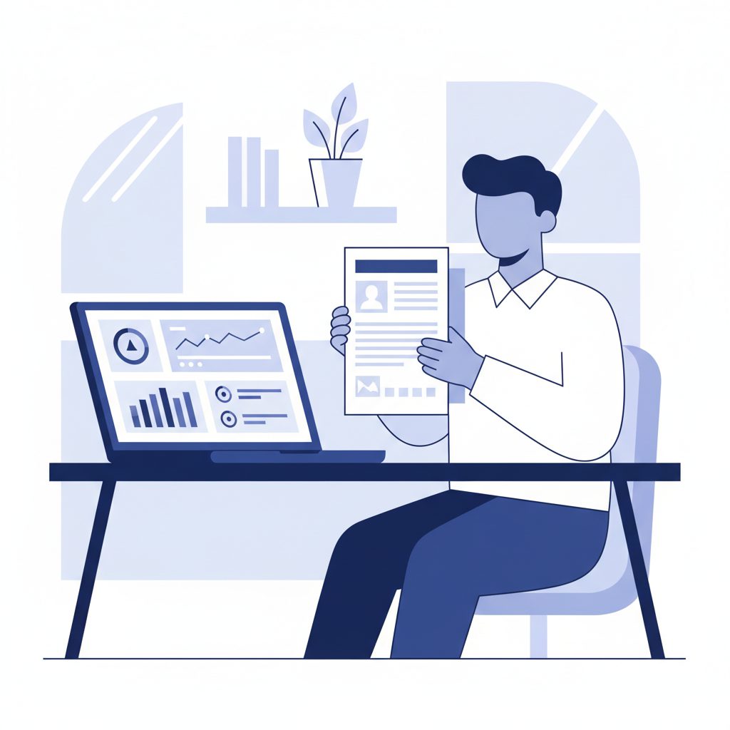 SRE engineer sitting at desk reviewing a resume document, laptop showing monitoring dashboard with g