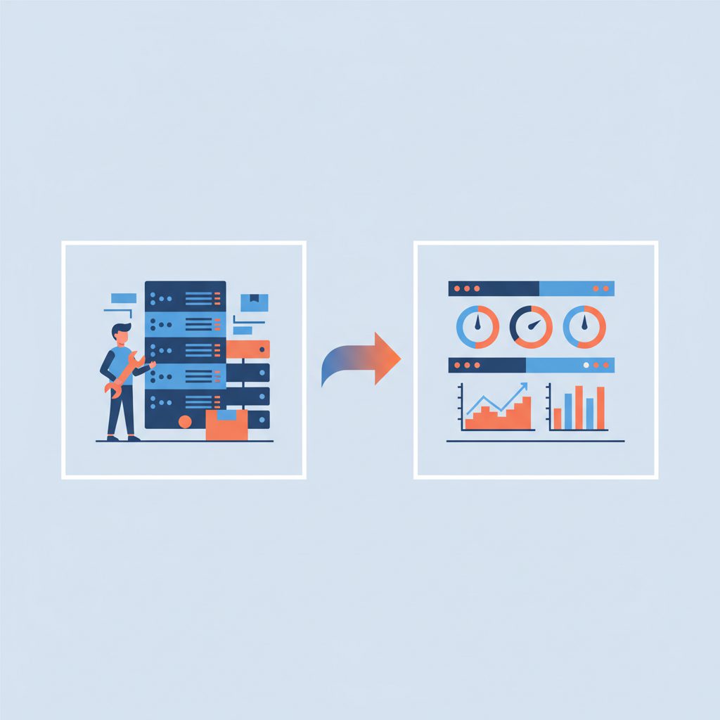 Two side-by-side panels showing transformation, left panel: traditional server rack operations icon 