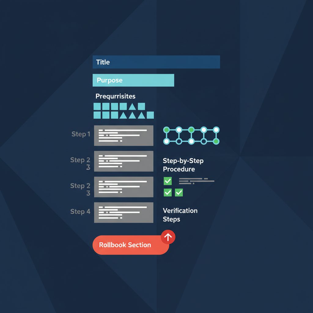 Well-structured Runbook template layout with title, purpose, prerequisites, step-by-step procedure w