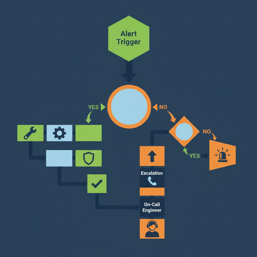 Incident response Playbook as flowchart showing alert trigger at top, branching decision points with