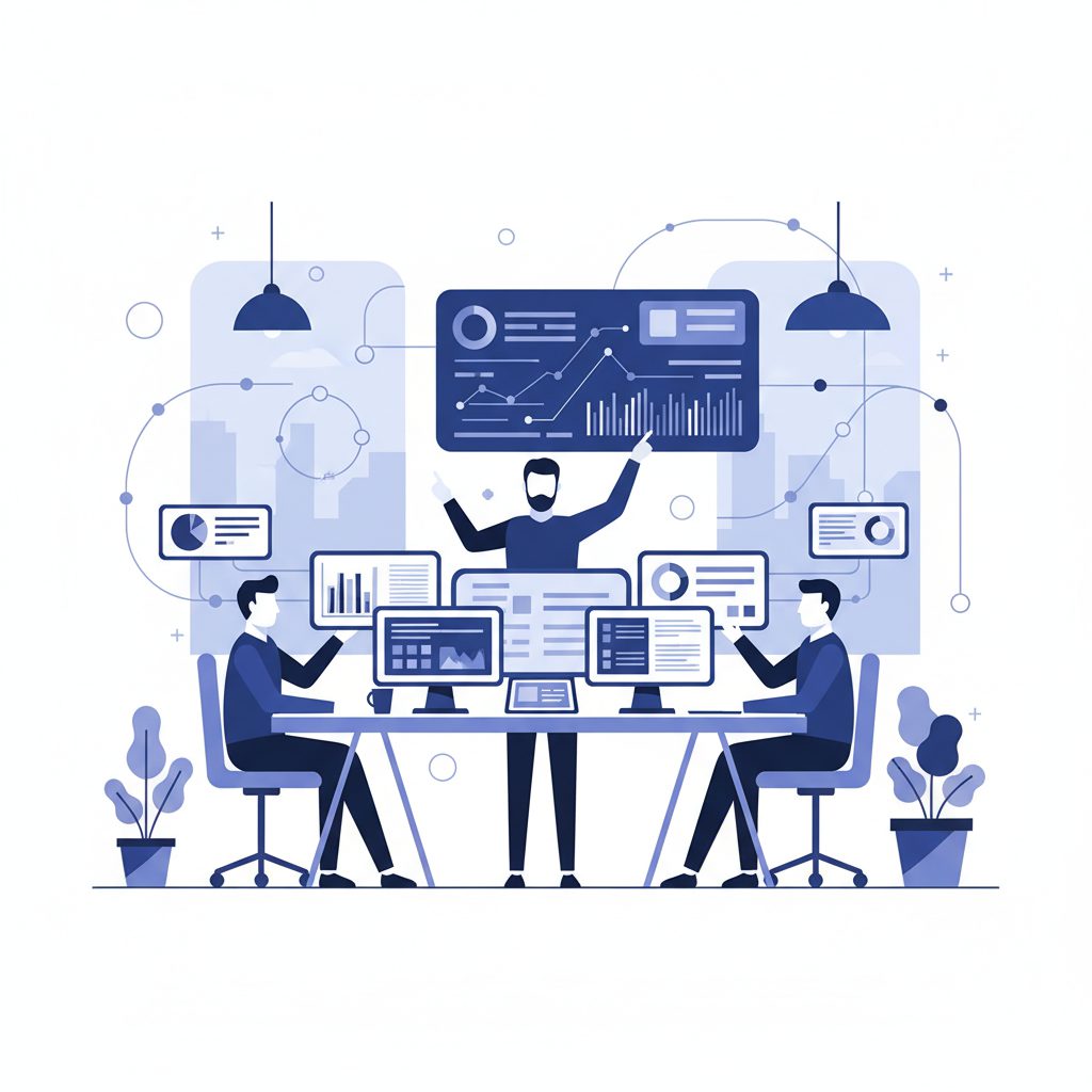 SRE team working together in a modern office environment, engineers monitoring dashboards on multipl