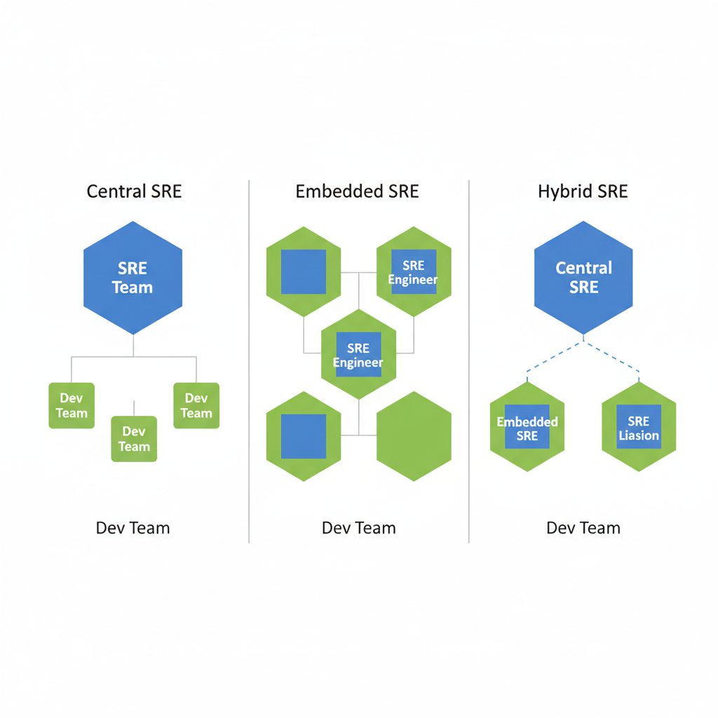 Three different organization models comparison chart, Central SRE vs Embedded SRE vs Hybrid SRE, fla