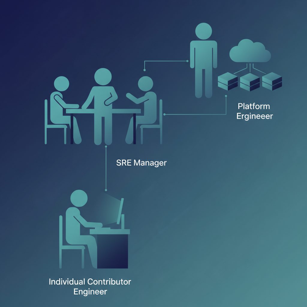 SRE team roles hierarchy diagram, Individual Contributor engineer at workstation, SRE Manager in mee
