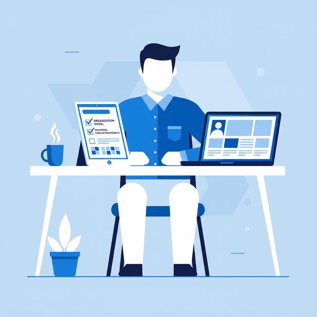 Engineer preparing for job interview, checklist with organization model evaluation points, laptop sh