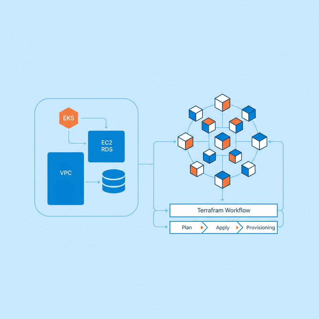 Cloud architecture overview showing AWS services (EC2, EKS, RDS, VPC), Kubernetes cluster diagram, a
