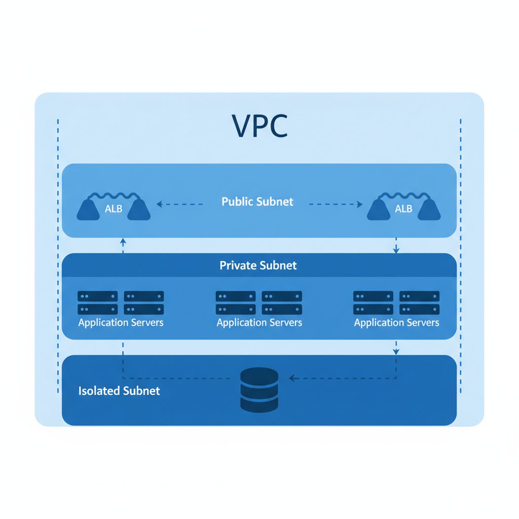 VPC architecture diagram with three tiers - public subnet with ALB, private subnet with application