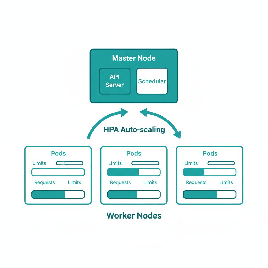 Kubernetes cluster diagram showing master node with API Server and scheduler, worker nodes with pods