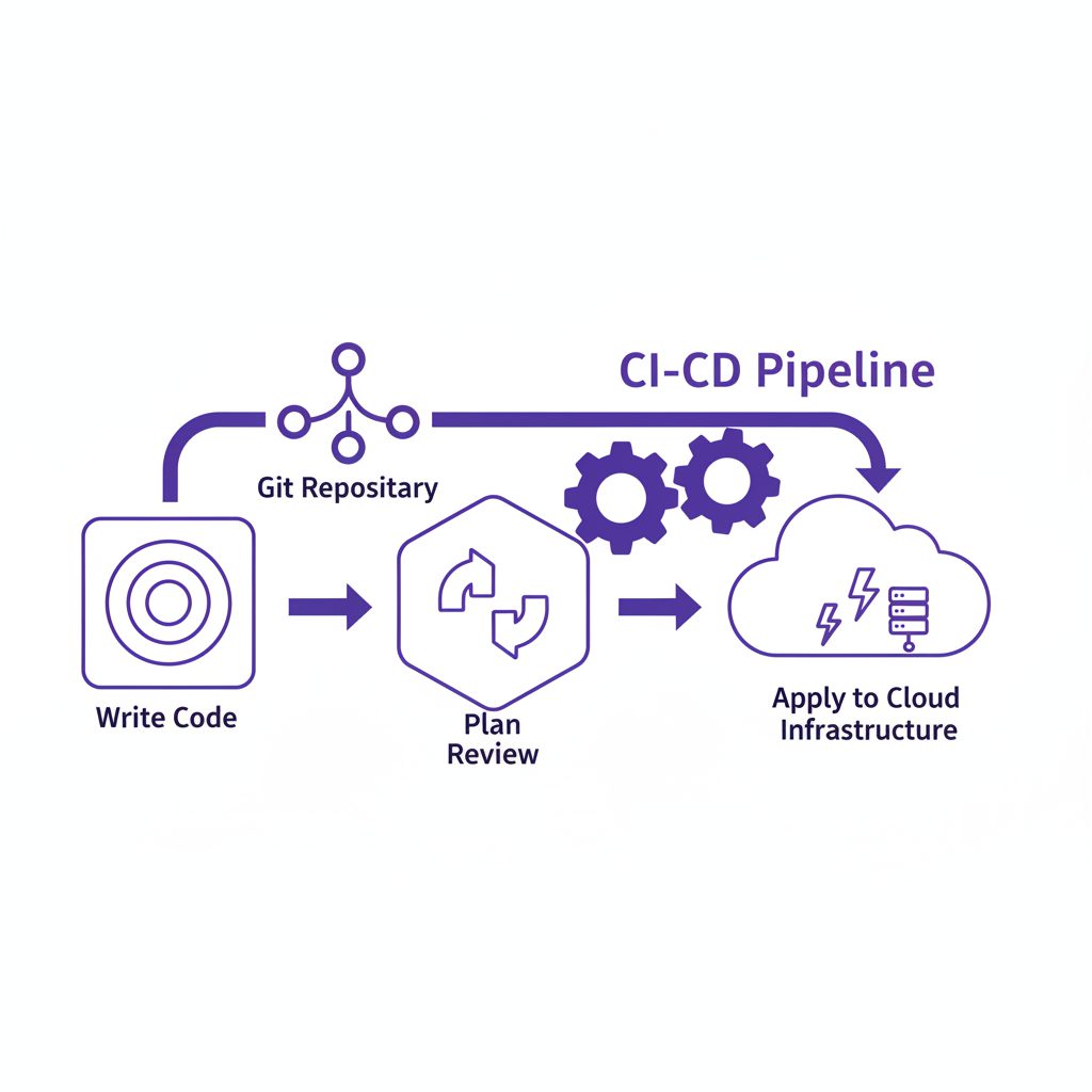 Terraform workflow diagram showing Write code, Plan review, Apply to cloud infrastructure, with git